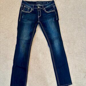 GRACE Jeans - Crystal embellished pockets, blue denim straight legged